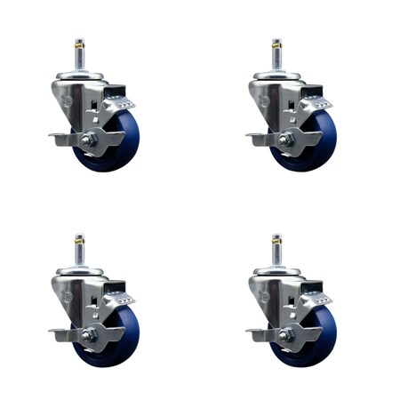 Service Caster 3'' Solid Poly Swivel 7/16'' Grip Ring Stem Caster Set with Brake, 4PK SCC-GR20S314-SPUS-TLB-716138-4